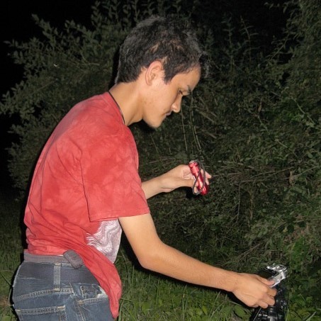 Male student researching in the woods