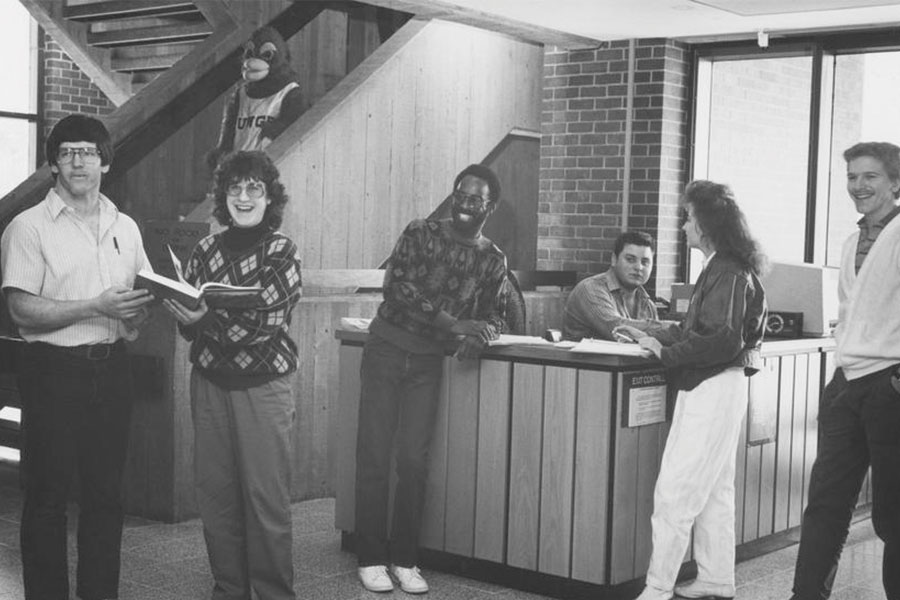 Campus library computerized checkout with Pfred.