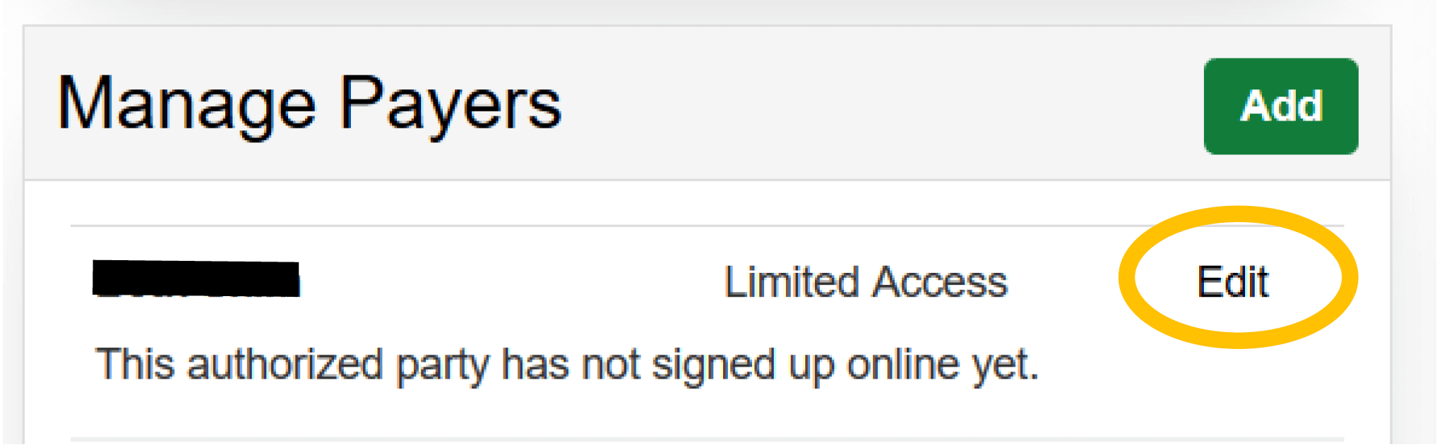 Manage Payers screen with the "edit" link circled