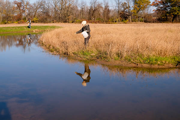 Student planting in creek area